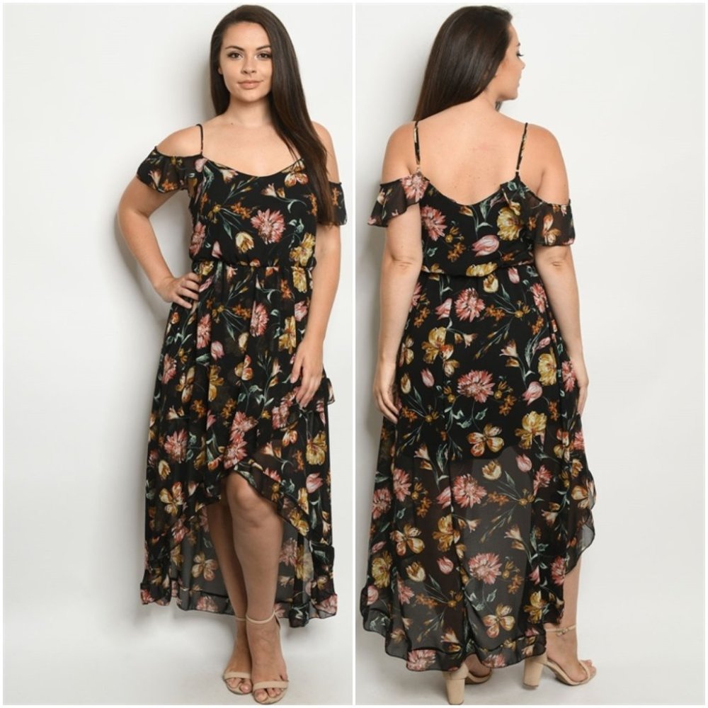Trend Setter Diva Boutique Black Floral High-Low Cold Shoulder Dress - Picture 2 of 10